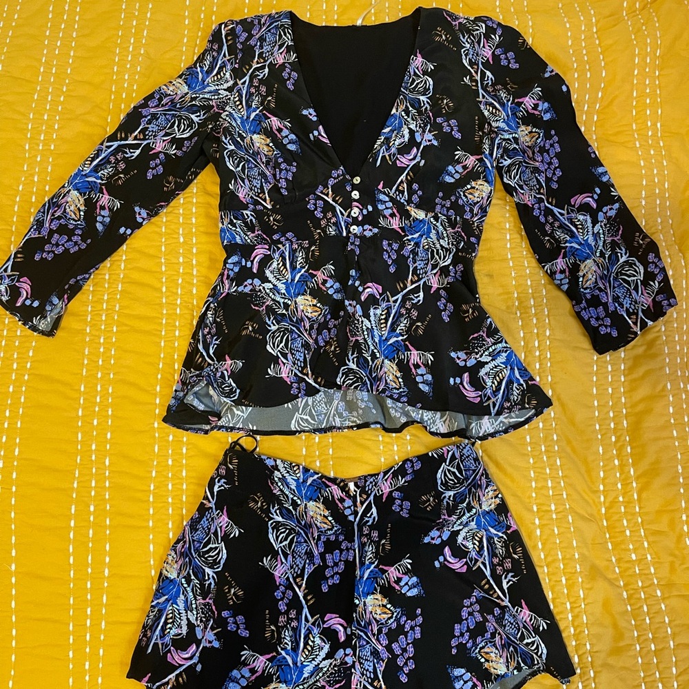 Free People Black Floral Shorts Set